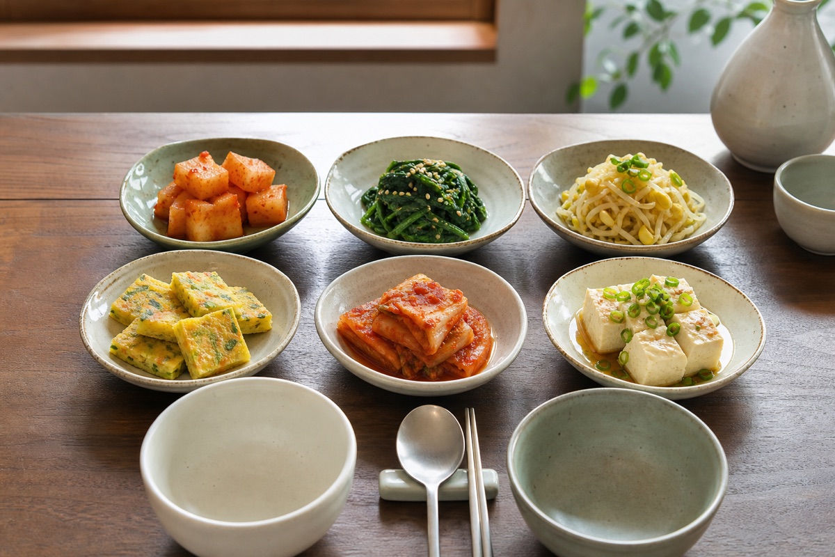Bodegón editorial que representa Banchan: cómo funcionan las guarniciones compartidas, sin marcas de restaurantes ni texto