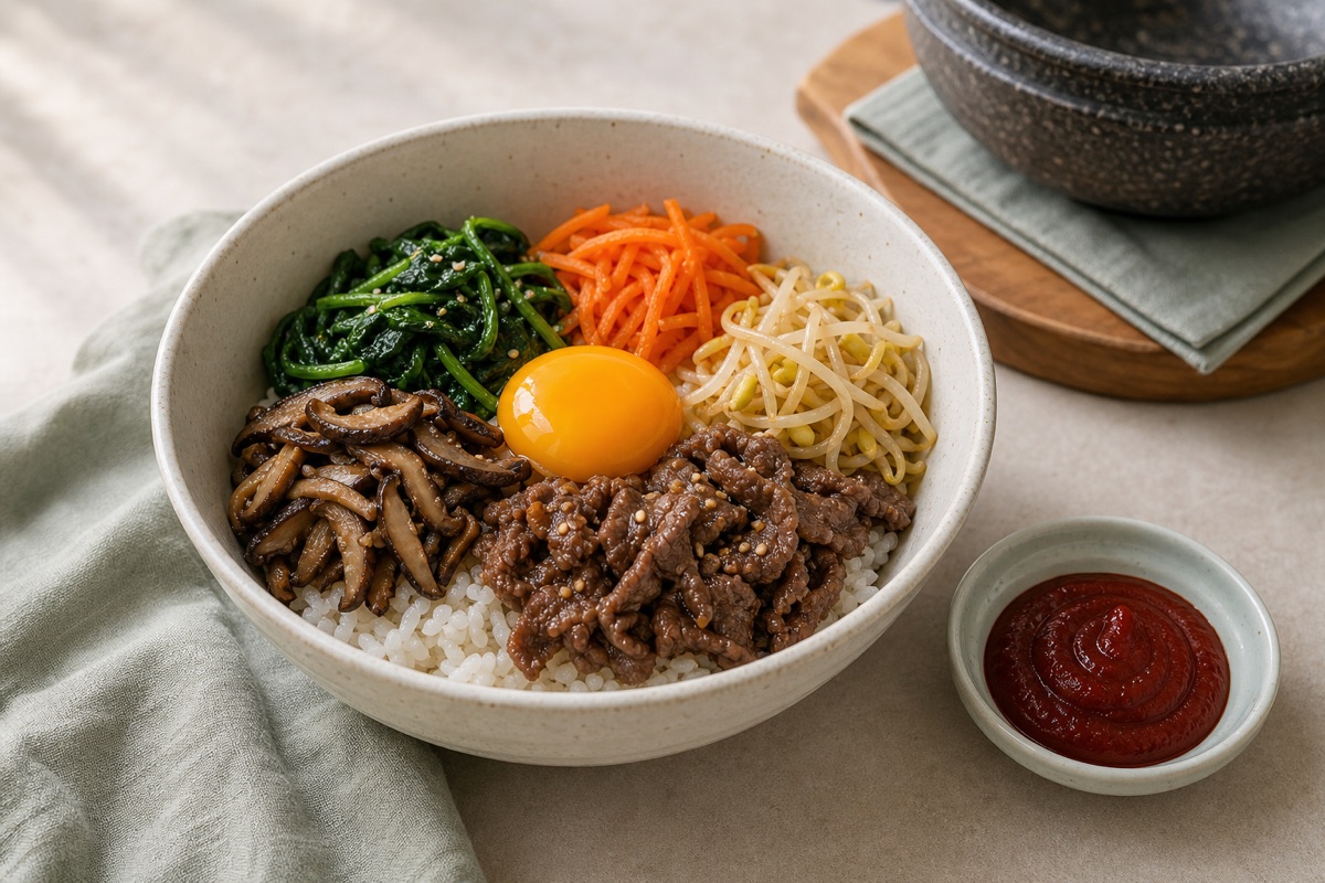 Bodegón editorial que representa Bibimbap sin adivinar, sin marcas de restaurantes ni texto