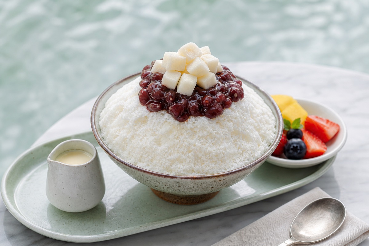 Bodegón editorial que representa Bingsu: mira el tamaño antes que los extras, sin marcas de restaurantes ni texto