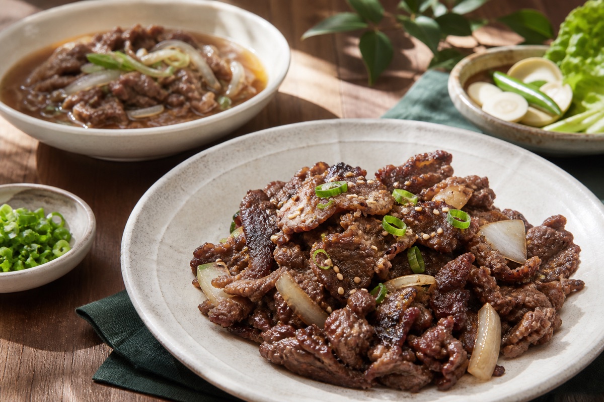 Bodegón editorial que representa Bulgogi más allá de la «barbacoa coreana», sin marcas de restaurantes ni texto