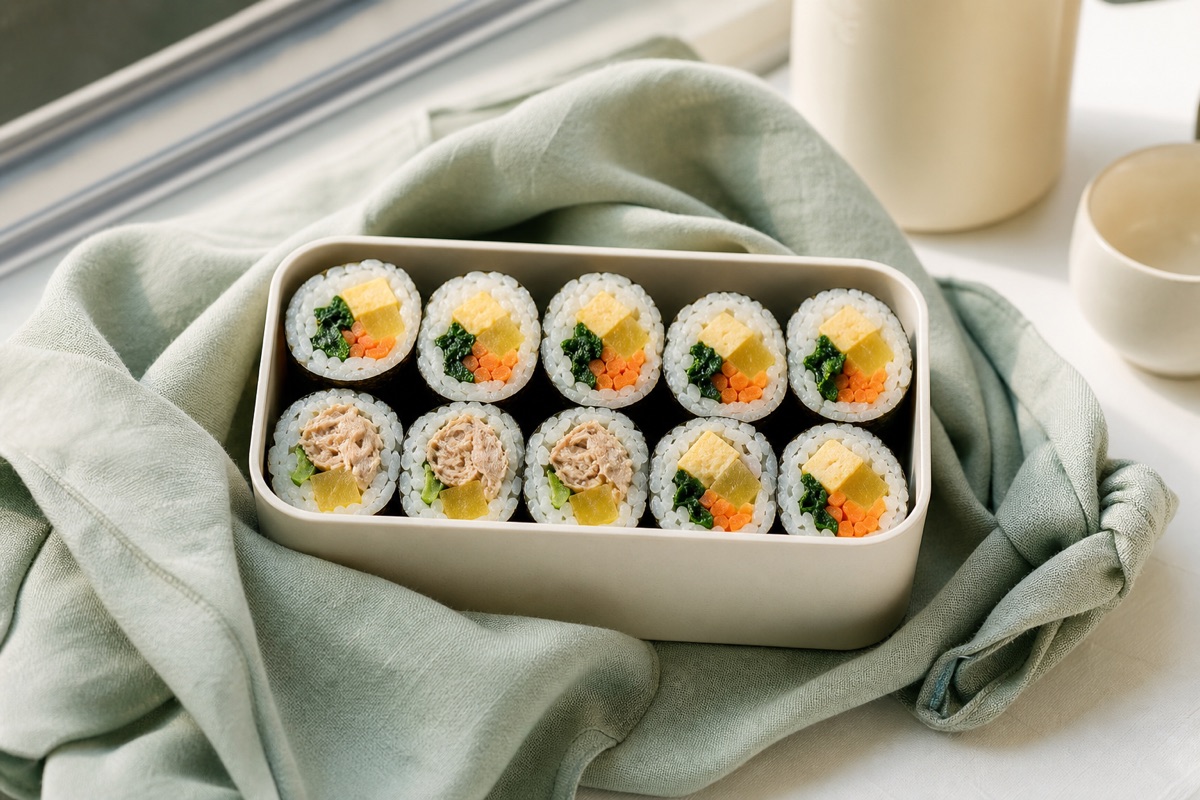 Bodegón editorial que representa Gimbap para trenes, parques y comidas rápidas, sin marcas de restaurantes ni texto