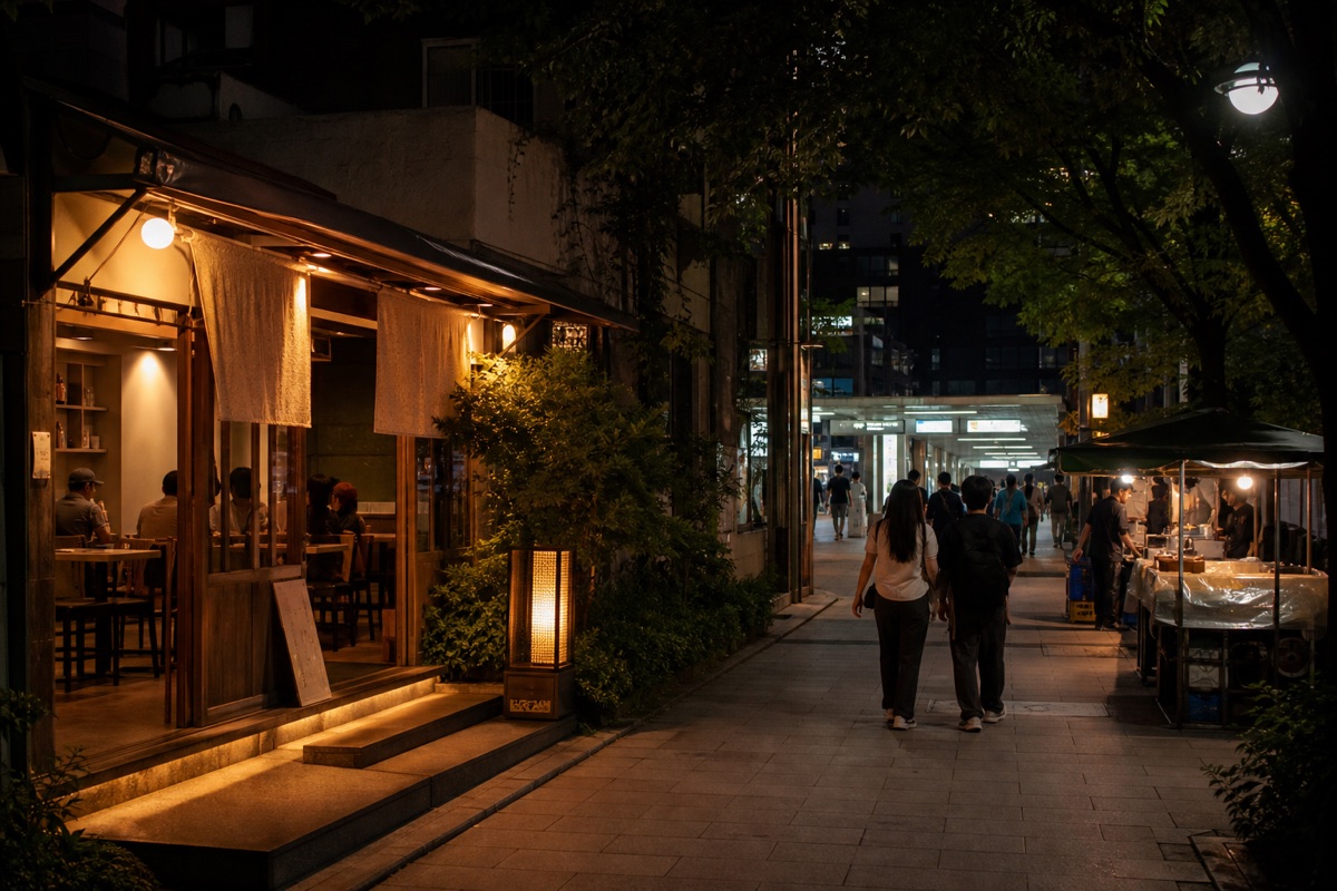 Bodegón editorial que representa Hongdae de noche: ruta corta para cenar tarde, sin marcas de restaurantes ni texto