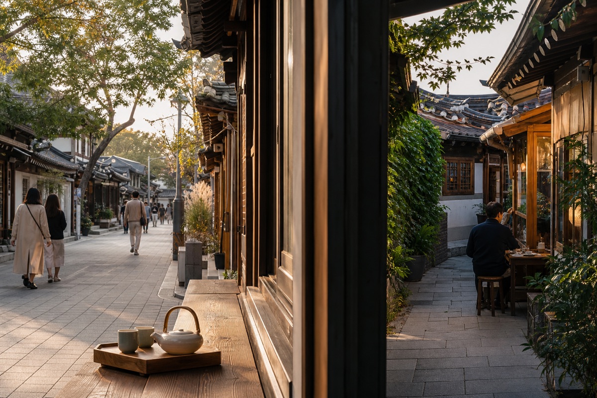 Bodegón editorial que representa De Insadong a Ikseondong: té, callejones y una comida, sin marcas de restaurantes ni texto