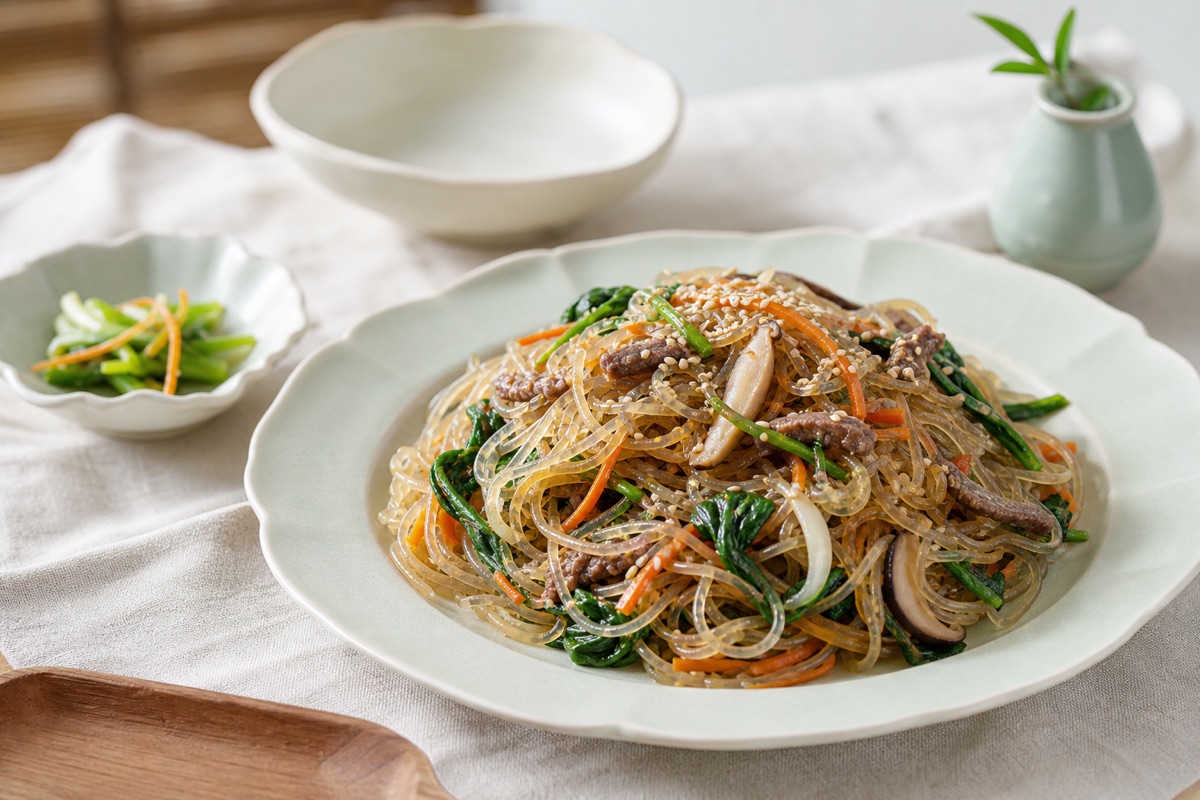 Bodegón editorial que representa Japchae: los fideos brillantes de la mesa compartida, sin marcas de restaurantes ni texto