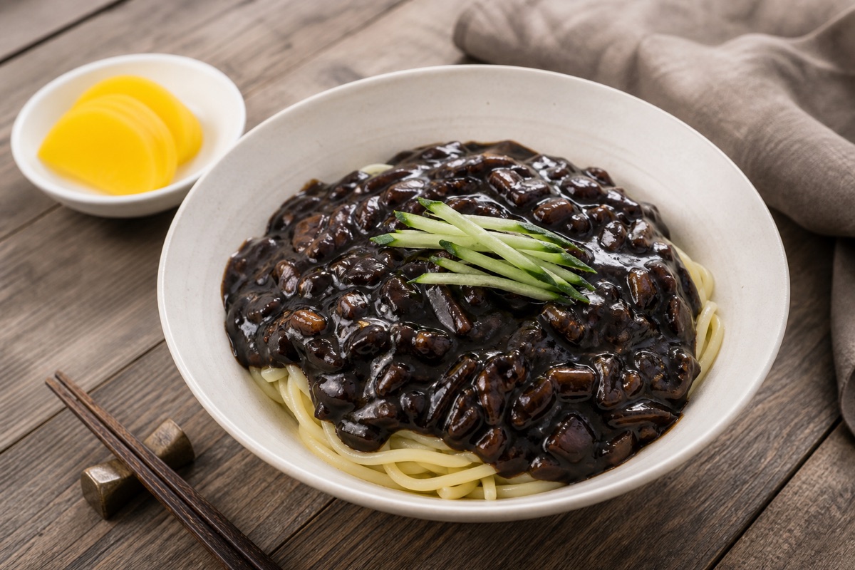 Bodegón editorial que representa Jjajangmyeon: salsa negra, no aviso de picante, sin marcas de restaurantes ni texto