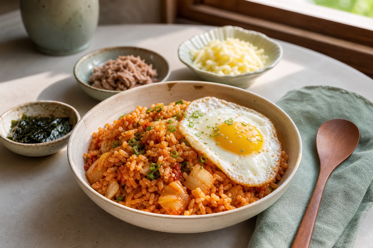 Bodegón editorial que representa Arroz frito con kimchi: qué puede esconder la sartén, sin marcas de restaurantes ni texto
