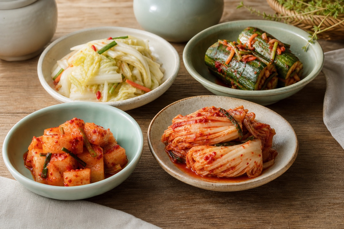 Bodegón editorial que representa El kimchi es una familia, no una sola guarnición, sin marcas de restaurantes ni texto