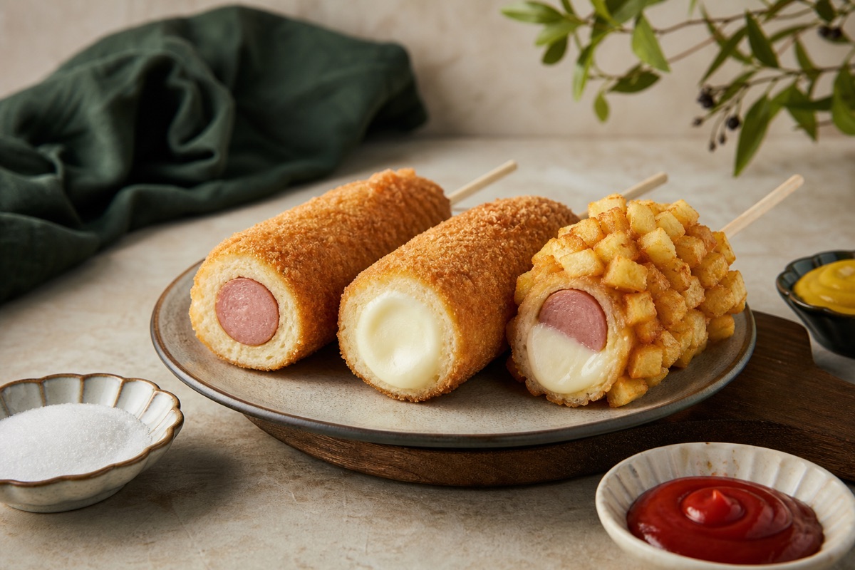Bodegón editorial que representa Corn dogs coreanos: elige primero el centro, sin marcas de restaurantes ni texto