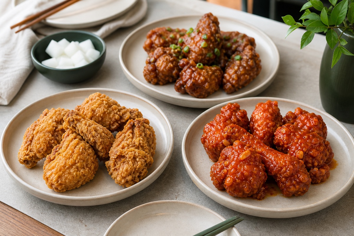 Bodegón editorial que representa Pollo frito coreano: natural, soja o yangnyeom, sin marcas de restaurantes ni texto