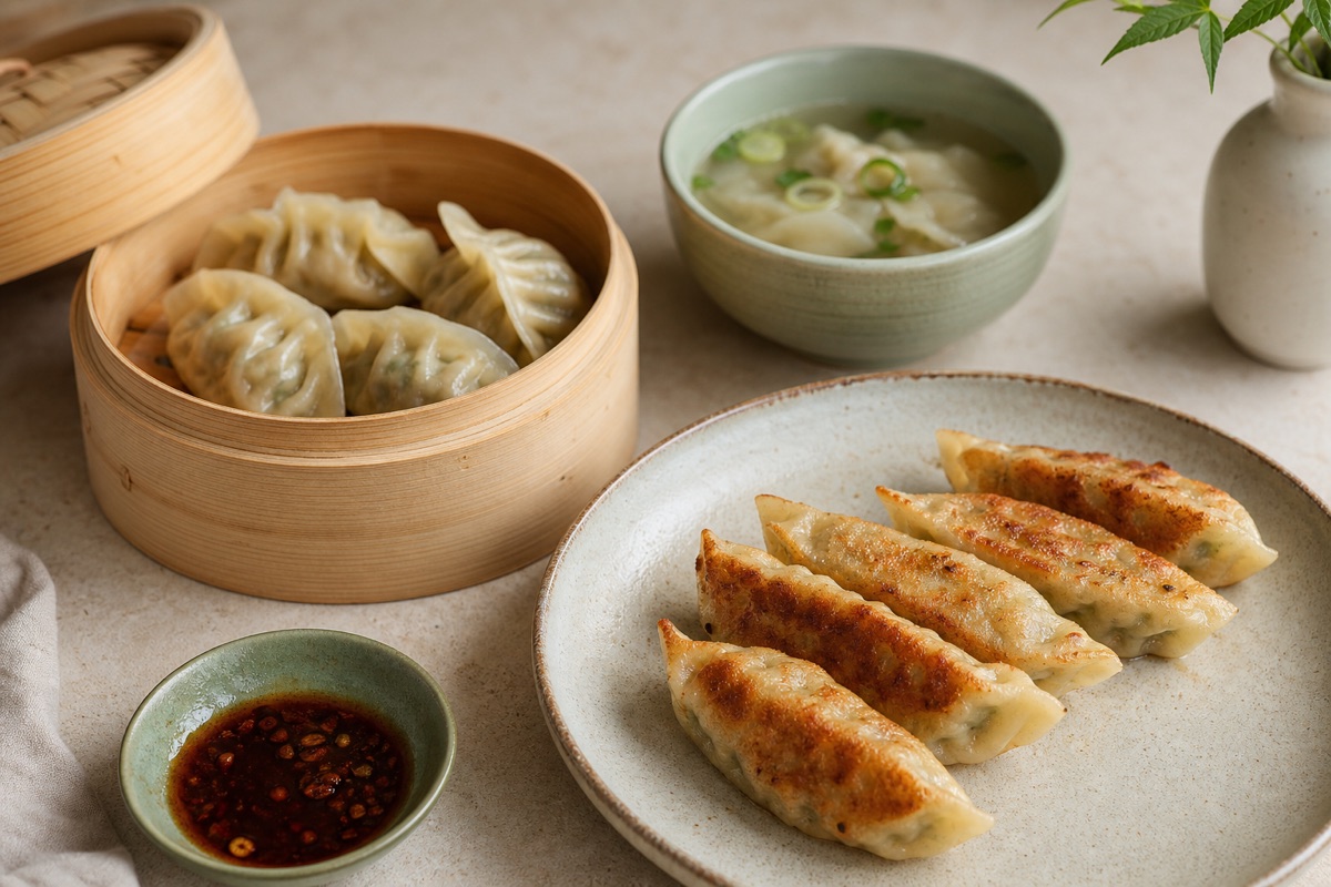 Bodegón editorial que representa Mandu: al vapor, hervido, frito o en sopa, sin marcas de restaurantes ni texto