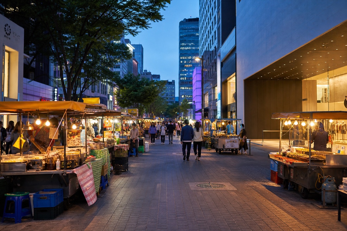 Bodegón editorial que representa Comida callejera de Myeongdong sin zigzag, sin marcas de restaurantes ni texto