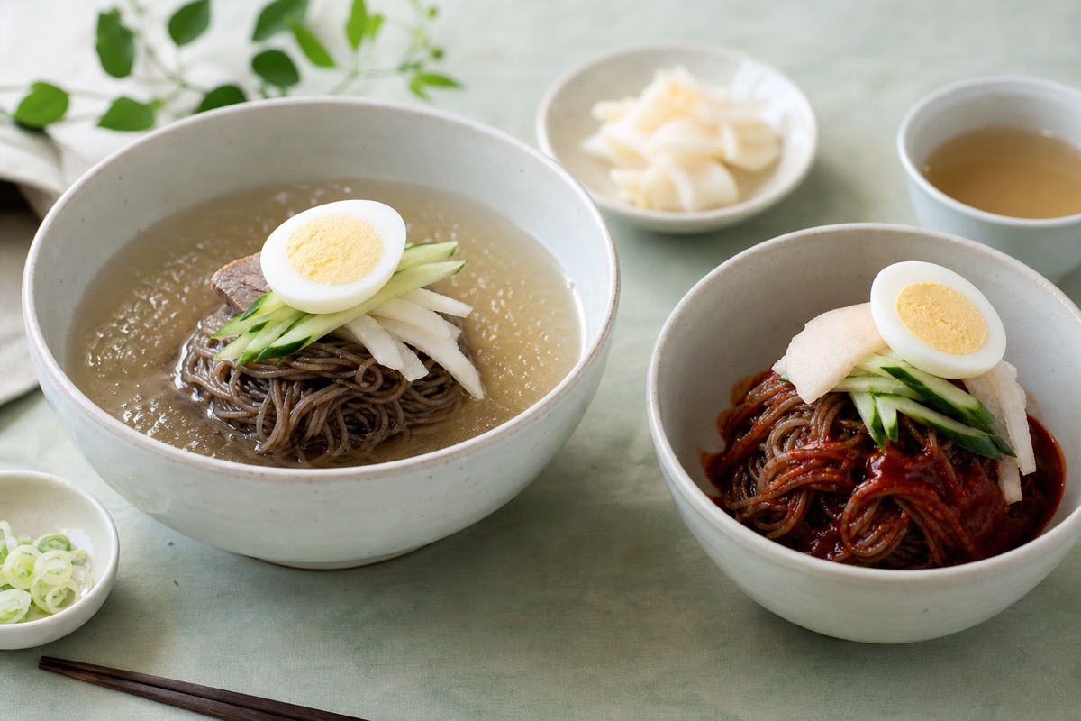 Bodegón editorial que representa Naengmyeon: ¿caldo frío o salsa mezclada?, sin marcas de restaurantes ni texto