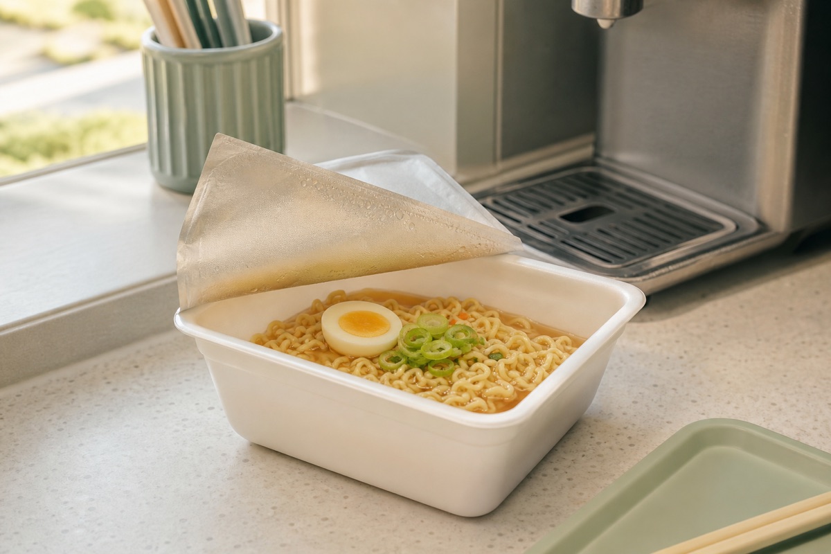 Bodegón editorial que representa Ramyeon de tienda de conveniencia, paso a paso, sin marcas de restaurantes ni texto