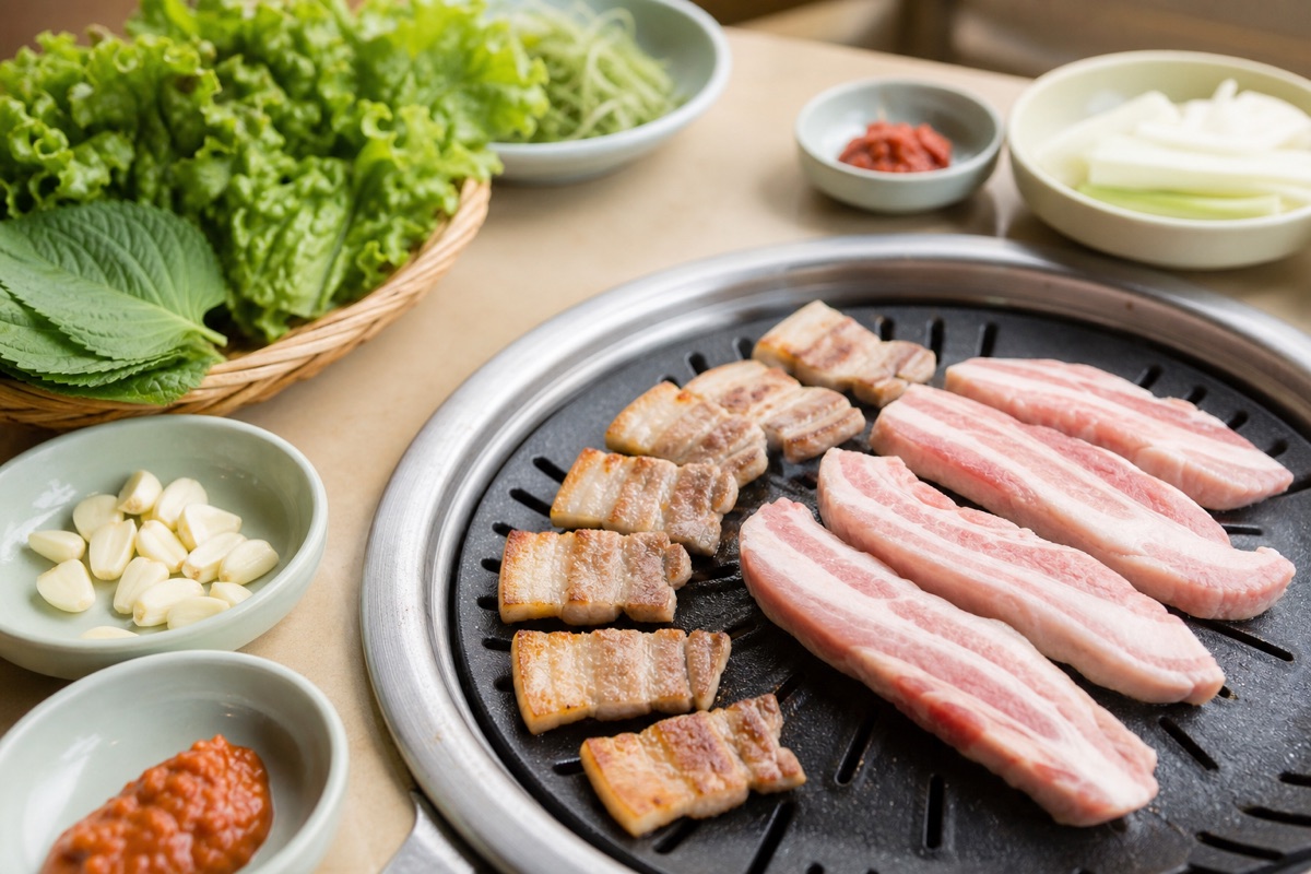 Bodegón editorial que representa La mesa de samgyeopsal en cinco minutos, sin marcas de restaurantes ni texto