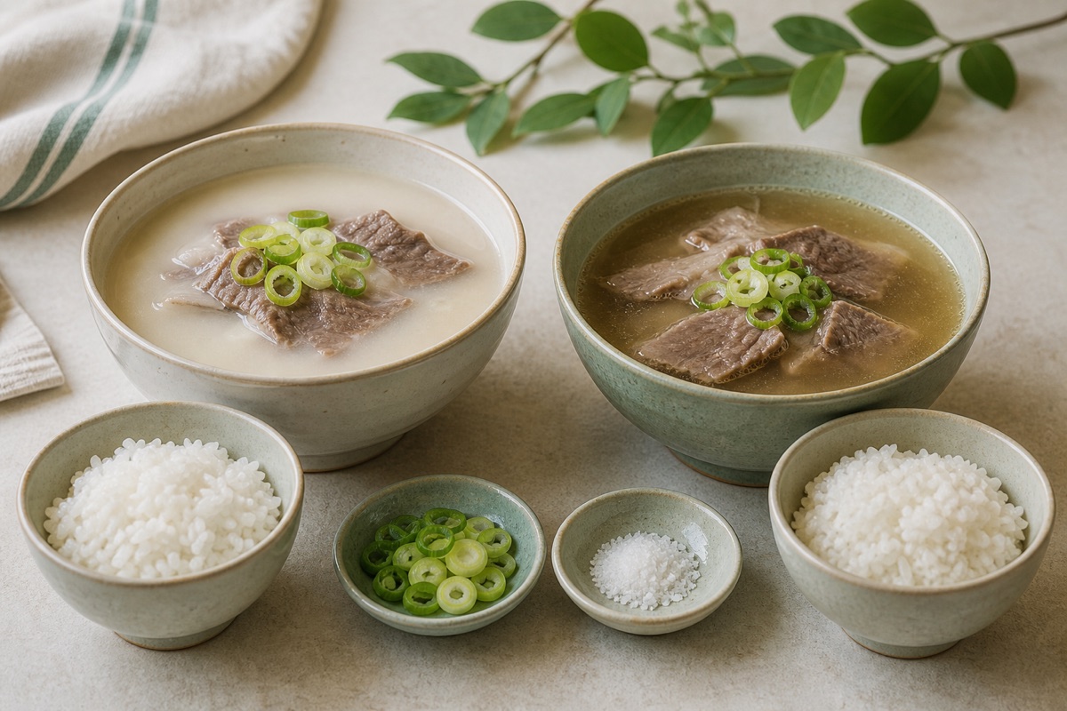 Bodegón editorial que representa Seolleongtang y gomtang: dos sopas, pistas distintas, sin marcas de restaurantes ni texto