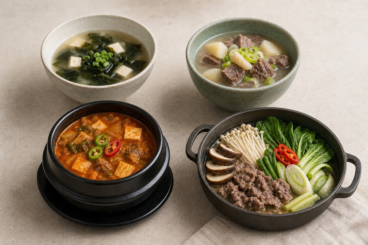 Bodegón editorial que representa Guk, tang, jjigae y jeongol: glosario de sopas, sin marcas de restaurantes ni texto