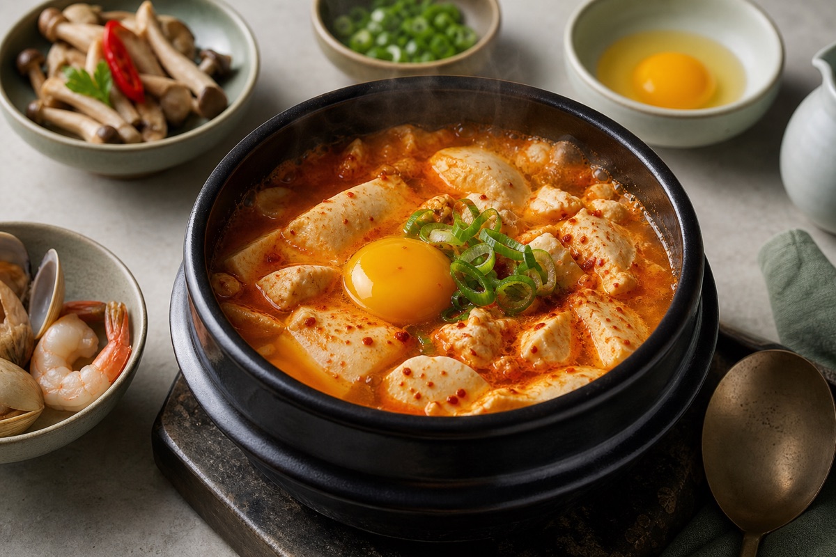 Bodegón editorial que representa Sundubu-jjigae: tofu, caldo y superficie roja, sin marcas de restaurantes ni texto
