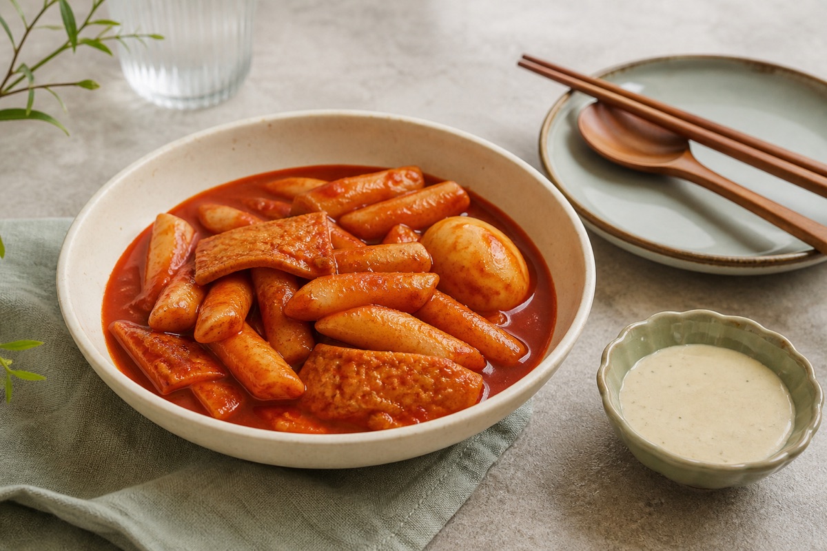 Bodegón editorial que representa Tteokbokki: mira la salsa antes que el color, sin marcas de restaurantes ni texto